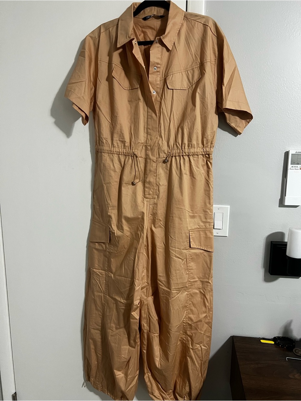 Zara Tan Short-Sleeve Jumpsuit with Drawstring waist